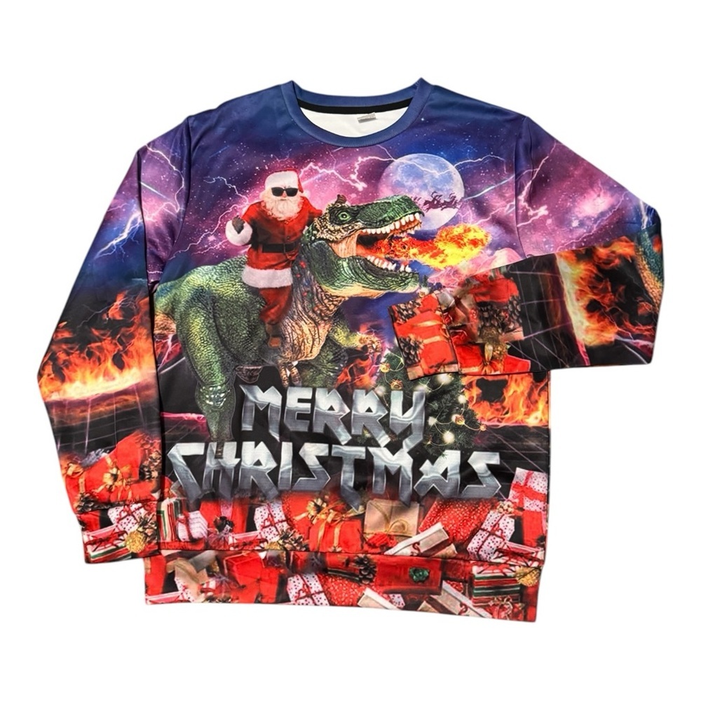 Santa Riding T-Rex Men’s S Small Crewneck Sweater with Festive Design